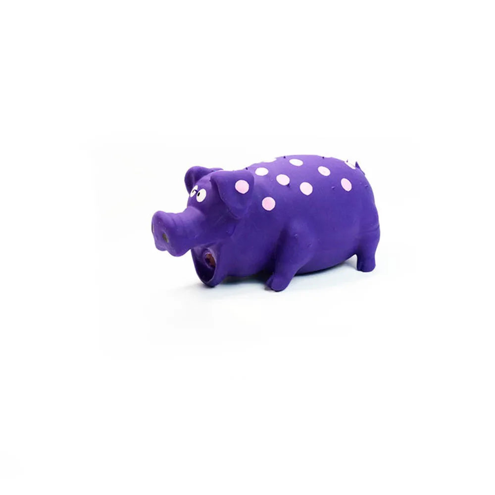 Purple hippo toy with white polka dots on a white background