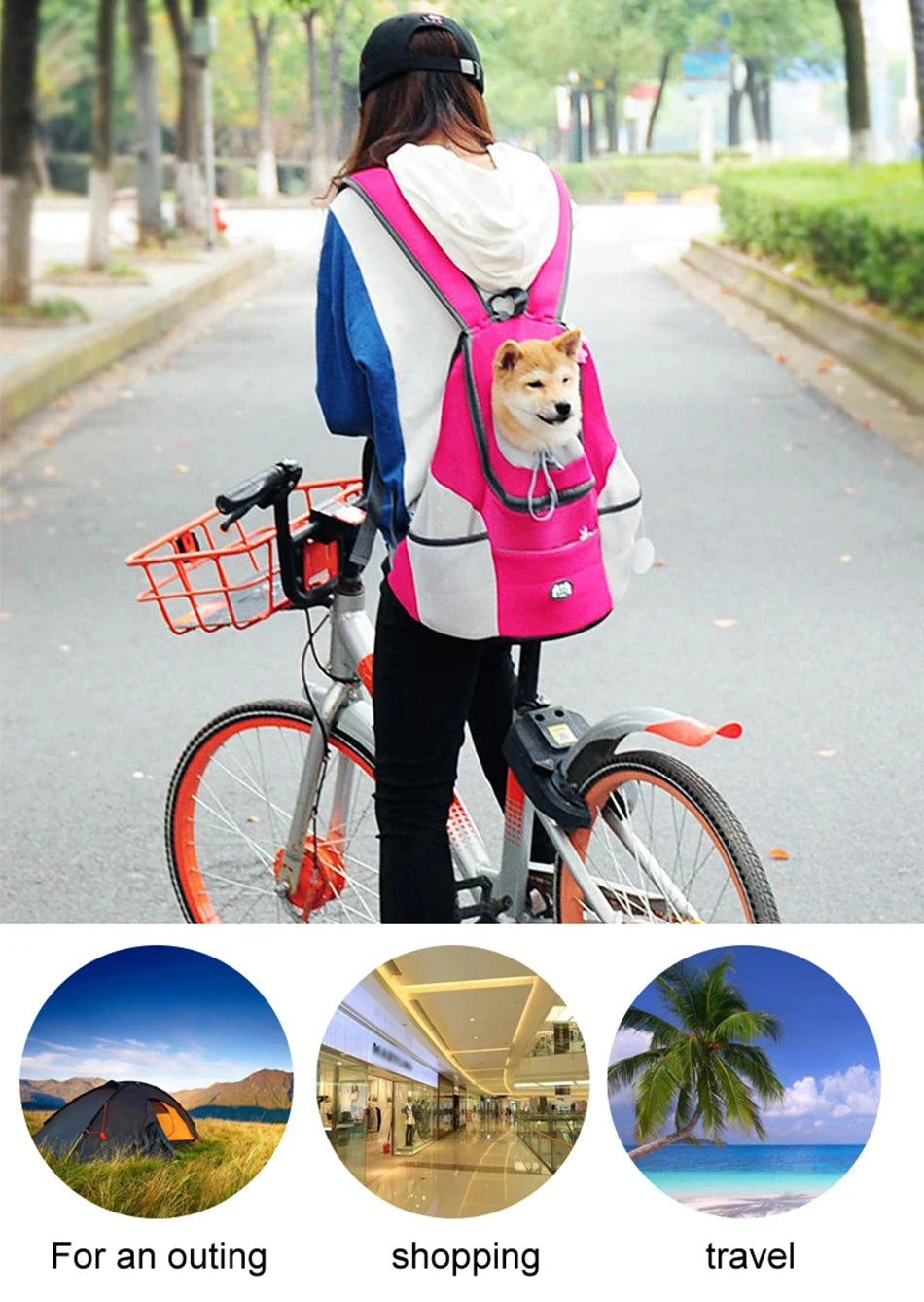 Person riding a bicycle with a pink pet carrier on a road, with additional scenes of camping, shopping, and travel.