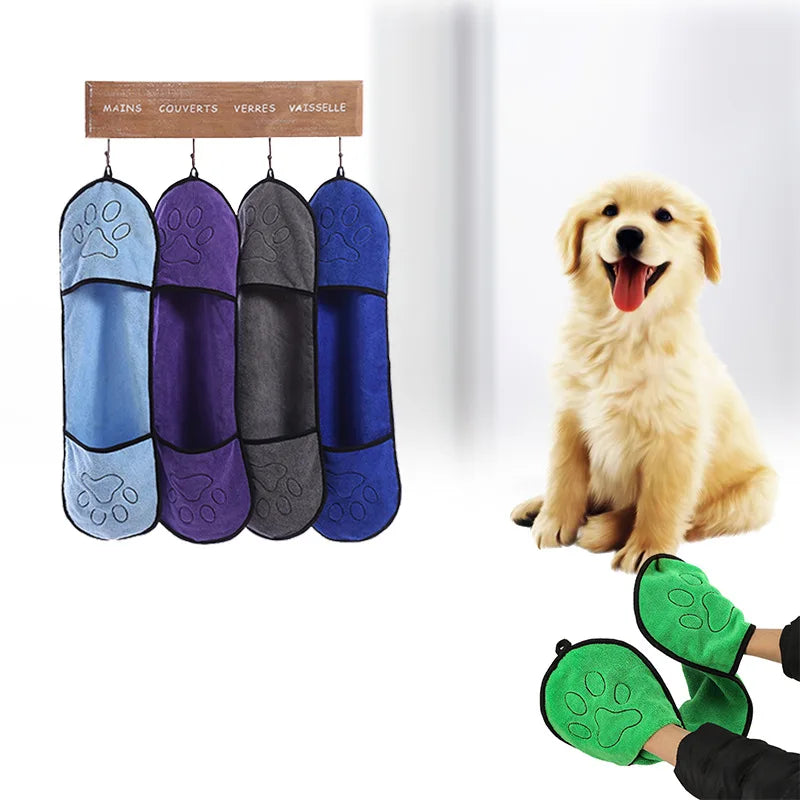 Set of colorful pet paw protectors hanging on a rack with a dog sitting next to them.