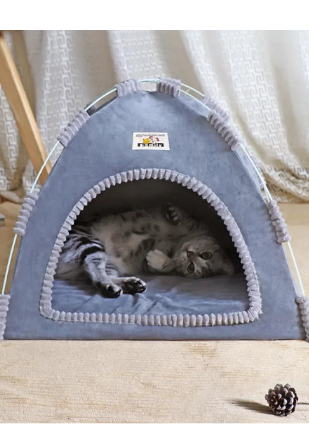 blue pet tent with a cat inside, with a light curtain background.