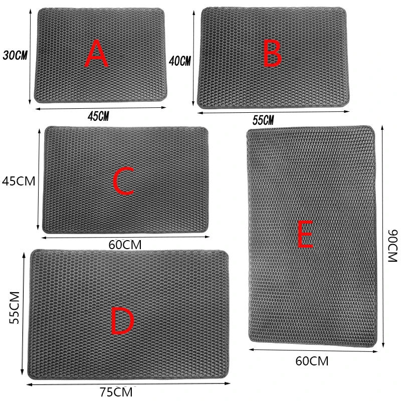 Set of gray mats with dimensions labeled in red text on a white background