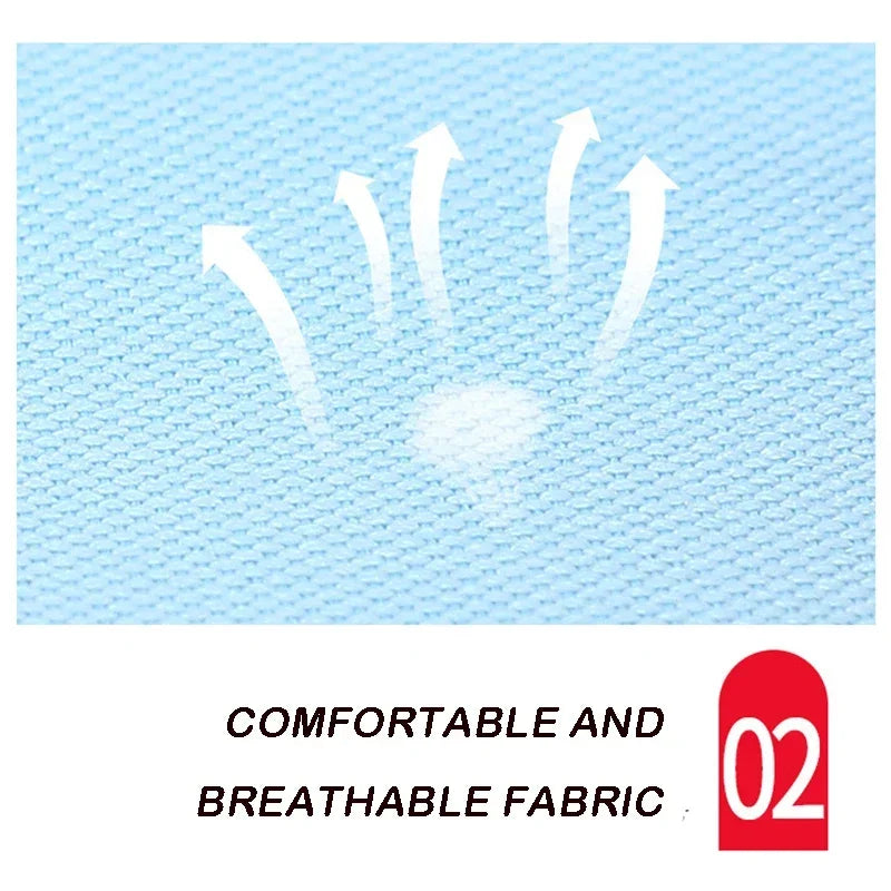 Textured fabric background with 'Comfortable and Breathable Fabric' text and a brand logo.