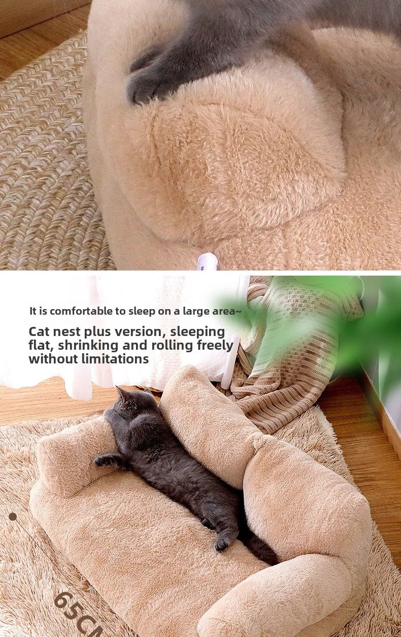 Cat lying on a large beige pet bed with text describing its comfort and features.