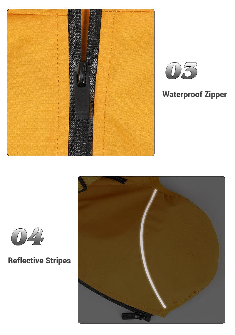 Close-up of a yellow jacket with a waterproof zipper and reflective stripes on a white background.