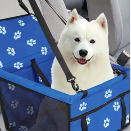 White dog sitting in a blue pet seat with paw prints in a car.
