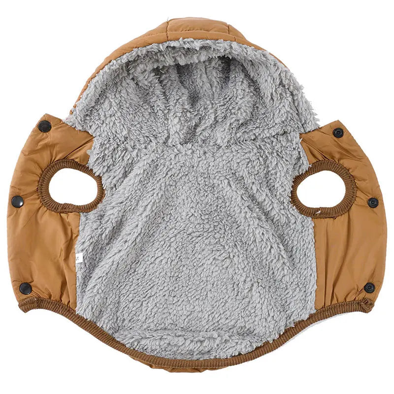 Pet coat with gray fleece interior and brown exterior on a white background