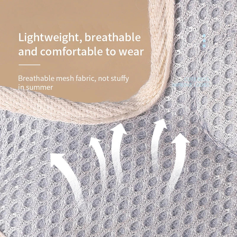 Text on breathable mesh fabric with arrows indicating airflow, on a beige background.