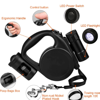 Black retractable dog leash with various features labeled on a white background