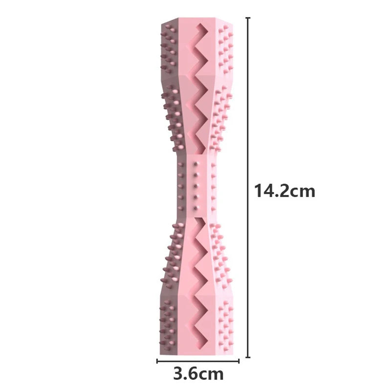 Pink and gray textured chew stick with measurements on a white background