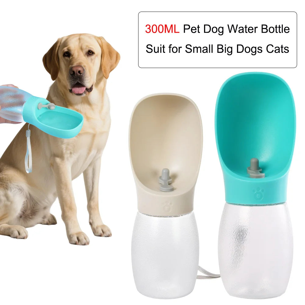 Pet dog water bottle with a dog sitting next to it, suitable for small and big dogs and cats.