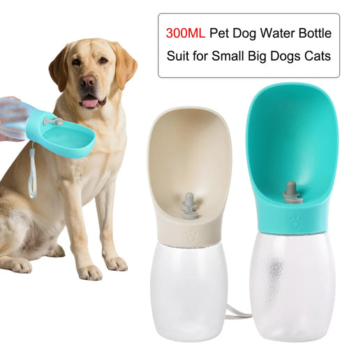 Pet dog water bottle with a dog sitting next to it, suitable for small and big dogs and cats.