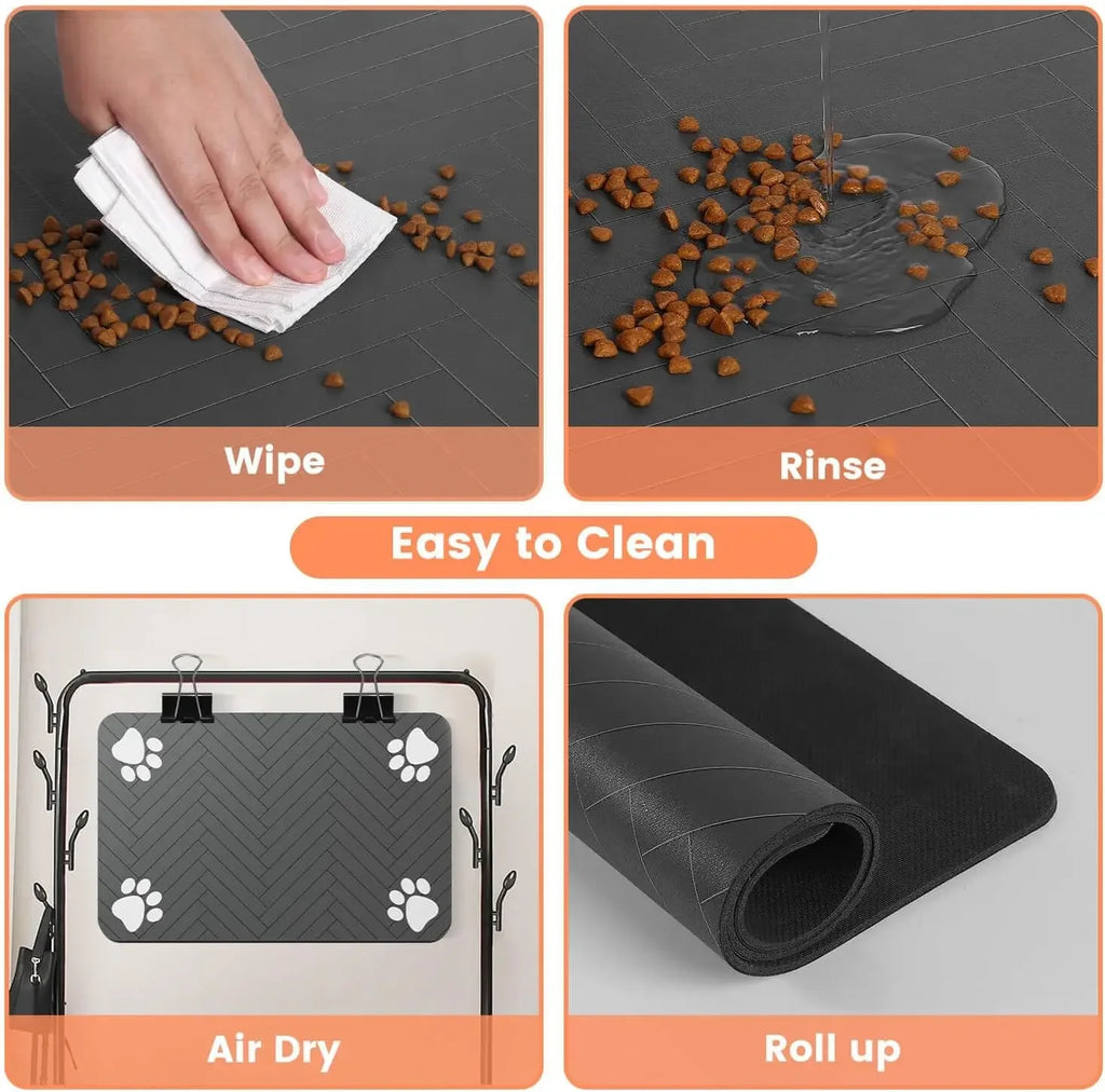 Steps to clean a pet mat with text labels on a gray background