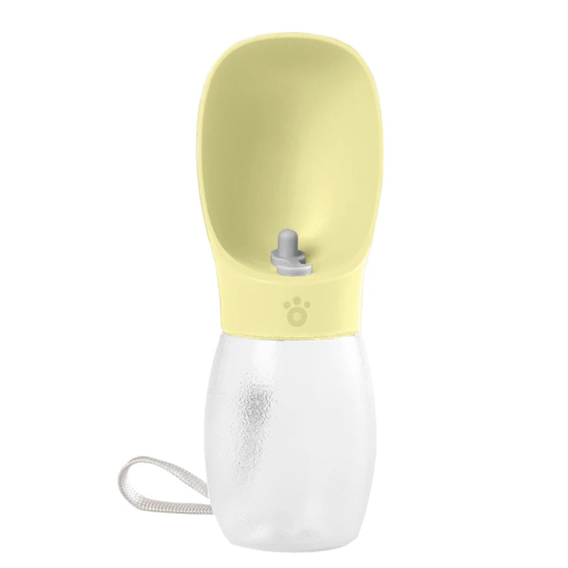 Yellow and white pet water bottle with a leash on a white background