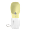 Yellow and white pet water bottle with a leash on a white background