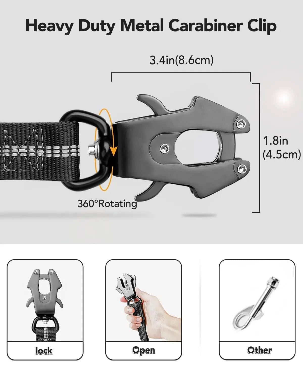 Heavy-duty metal carabiner clip with measurements and usage illustrations on a white background