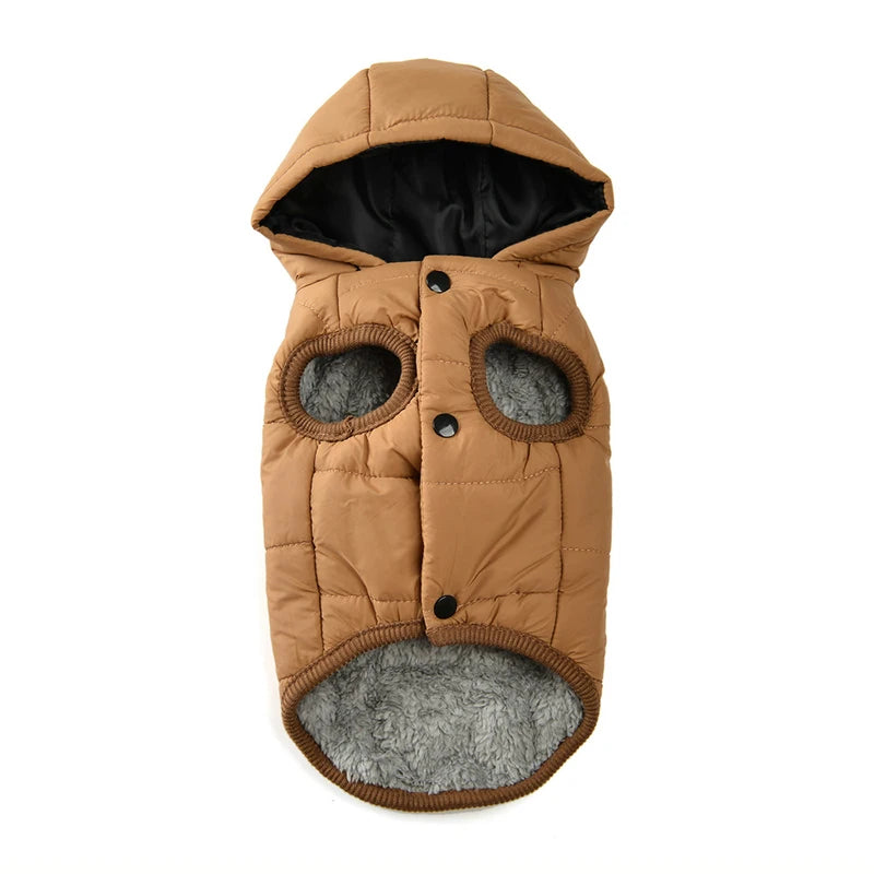 Brown quilted dog coat with gray lining on a white background