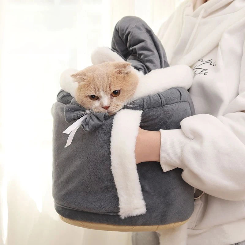 Cat in a gray pet carrier held by a person on a white background