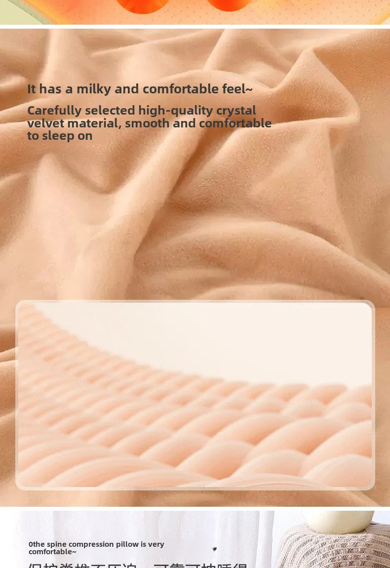 Close-up of a soft, plush pillow with text describing its texture and comfort.