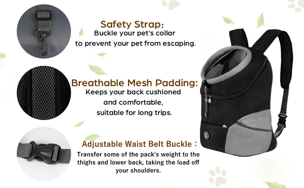 Pet carrier with safety strap, breathable mesh padding, and adjustable waist belt buckle on a white background.