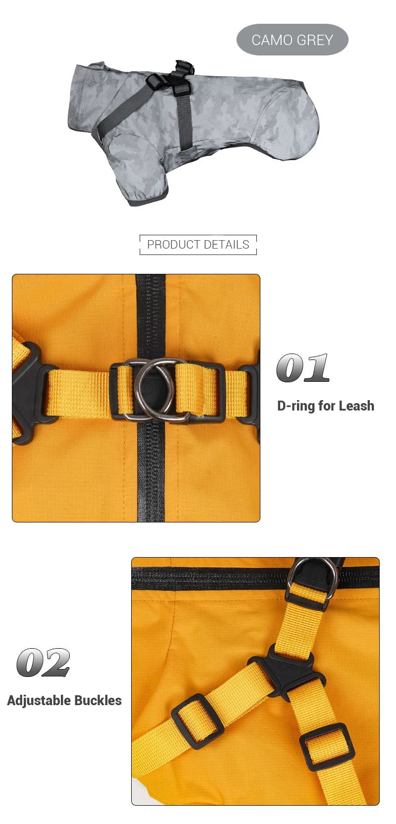 Dog harness with D-ring for leash and adjustable buckles on a white background