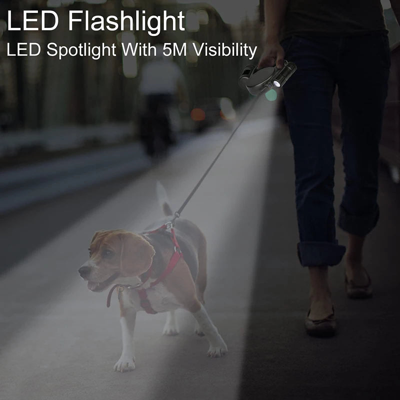 Person walking a dog on a leash with an LED flashlight, highlighting visibility range.