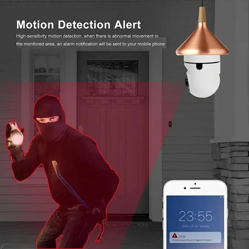 Home security camera with motion detection alert system showing a burglar and smartphone notification.