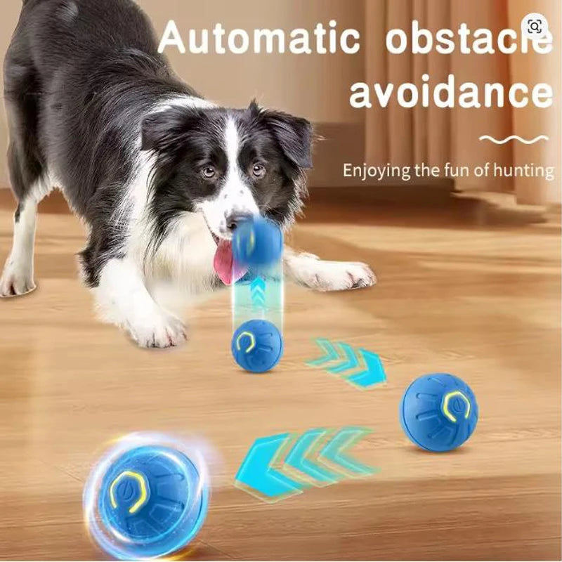 Dog playing with a blue toy on a wooden floor, with text about automatic obstacle avoidance.