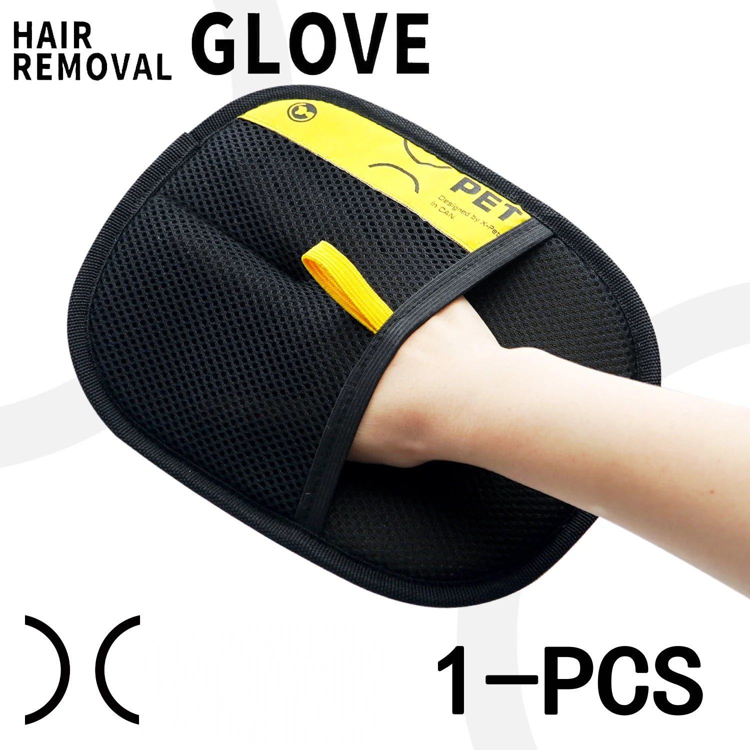 Black hair removal glove with yellow accents on a white background