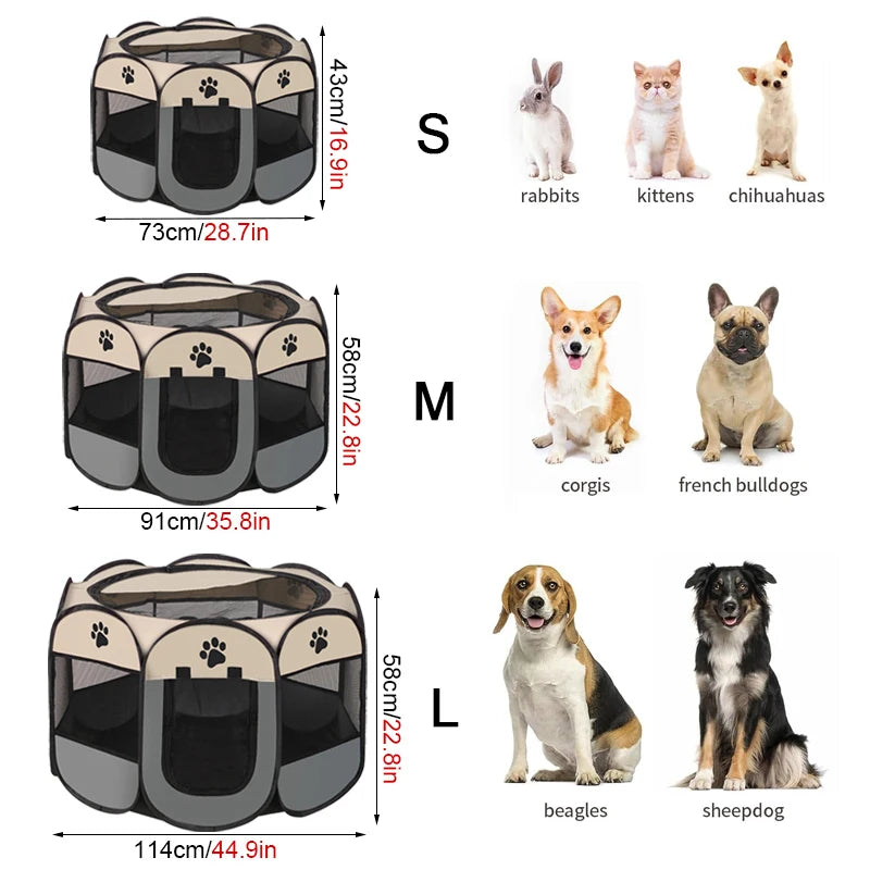 Pet playpen with size chart and animal illustrations for reference