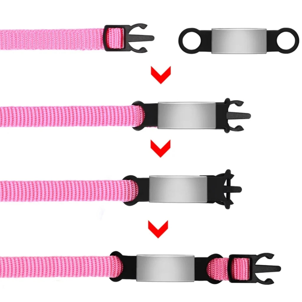 Pink dog collar with black and silver buckle on a white background