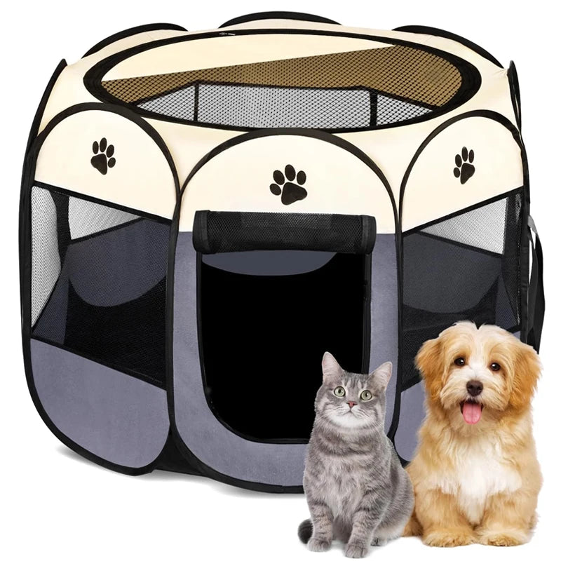 Pet playpen with a cat and a dog in front of it on a white background