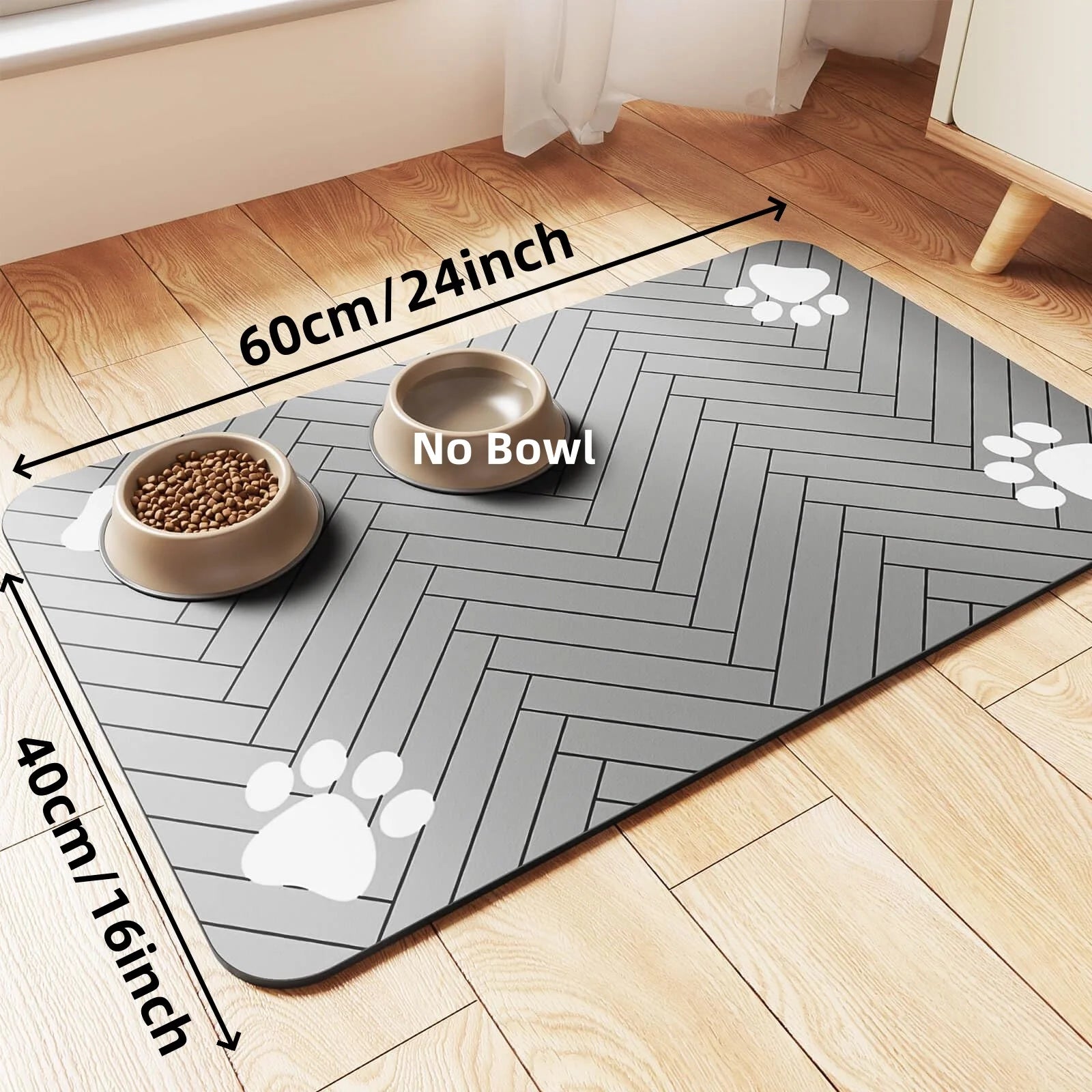 Gray pet mat with herringbone pattern and measurements on a wooden floor.