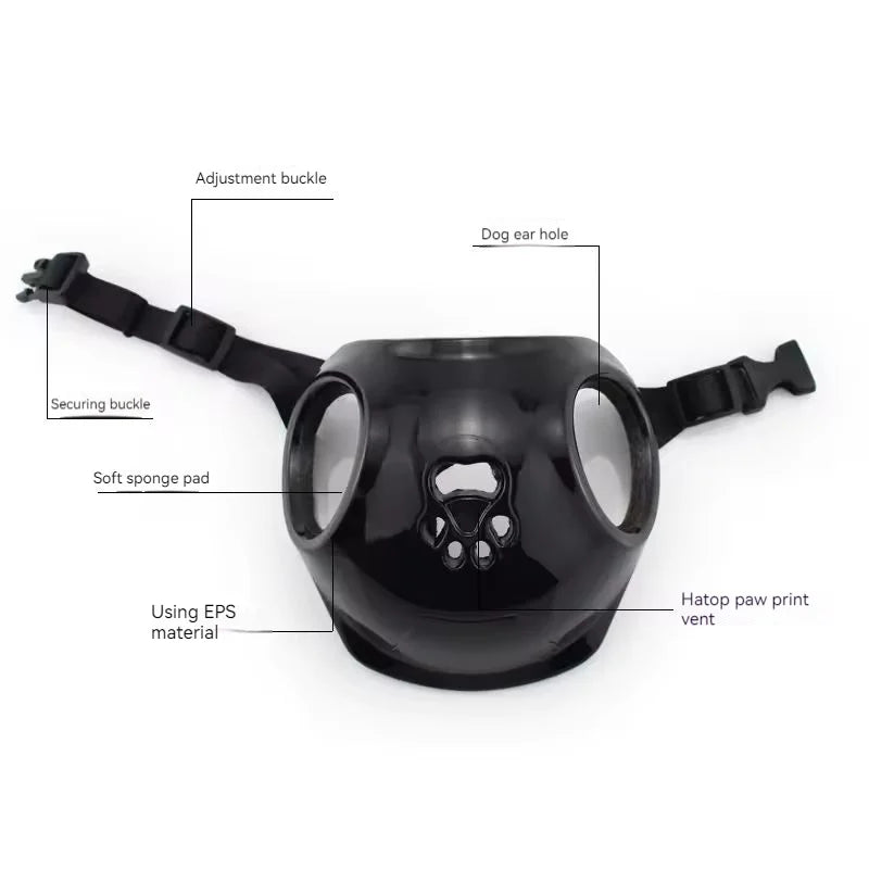 Black pet helmet with labeled parts on a white background