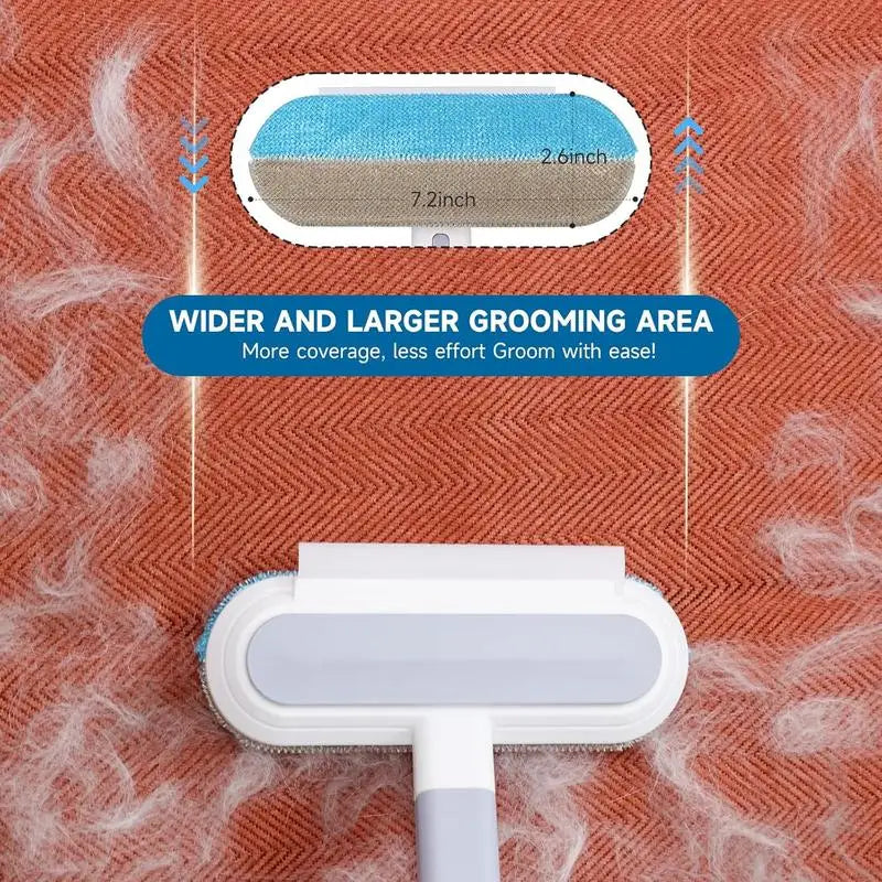 Pet grooming tool with wider and larger grooming area on a textured background