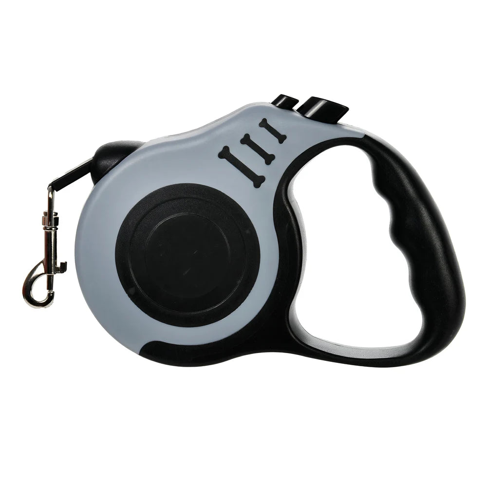 Retractable dog leash with gray casing and black handle on a white background