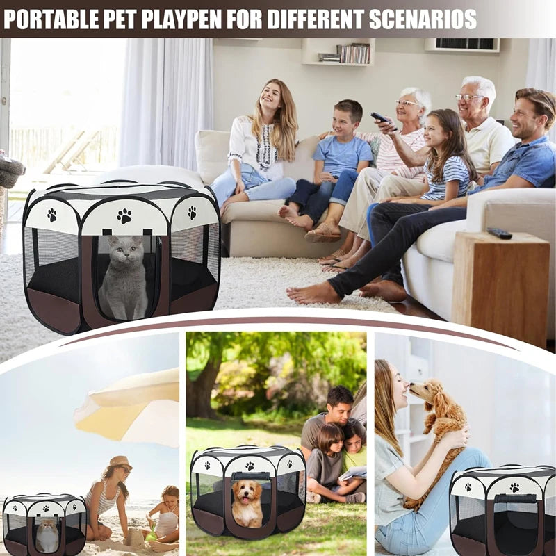 Portable pet playpen used in various settings with people and pets.