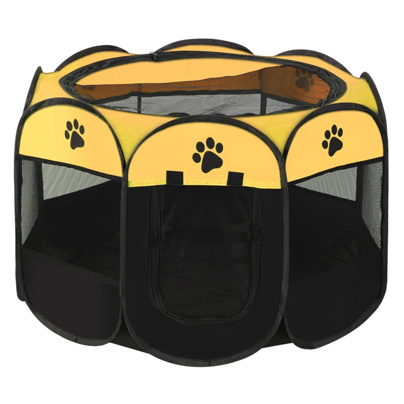 Yellow and black pet playpen with paw prints on a white background