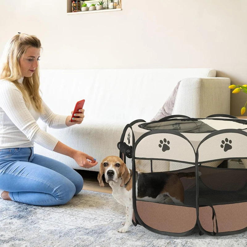 Woman taking a photo of a dog inside a pet playpen in a living room.