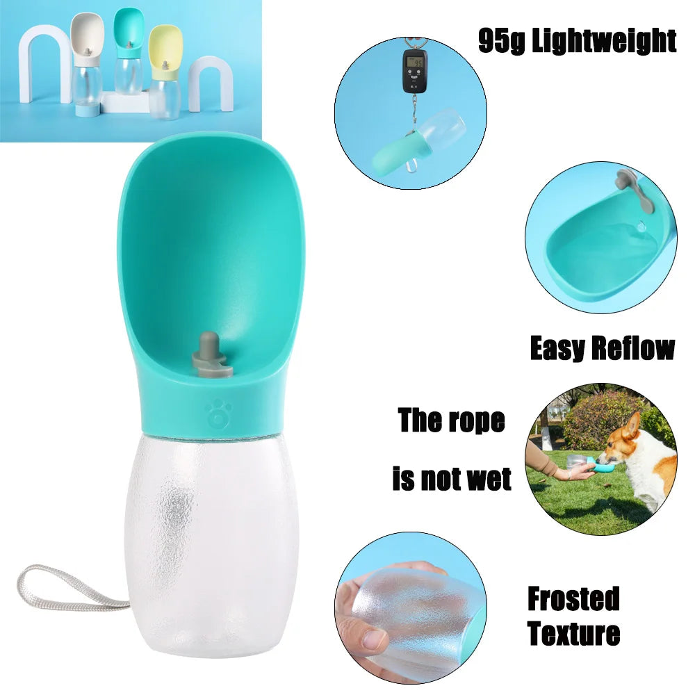 Teal and clear portable water bottle with features highlighted on a white background