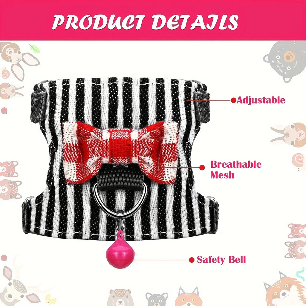Pet harness with black and white striped pattern, red bow, and safety bell on a pink background with cartoon animals.