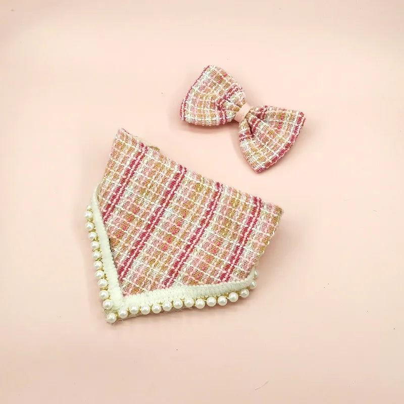 Plaid headband with pearl details on a pink background