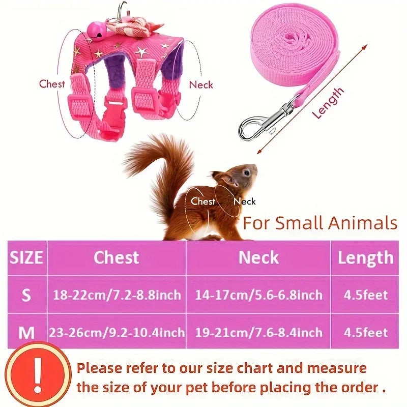 Pink pet harness and leash set with measurements for small animals, including a squirrel illustration.