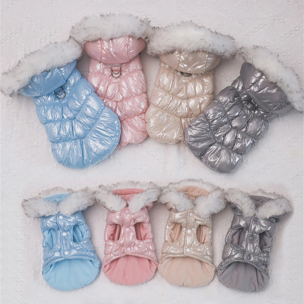 Four dog coats in blue, pink, beige, and gray on a white background