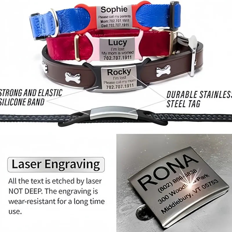 Dog collars with name tags and laser engraving details on a white background