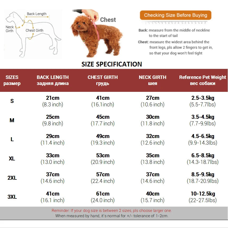 Size chart for dog coats with measurements and reference pet weight.