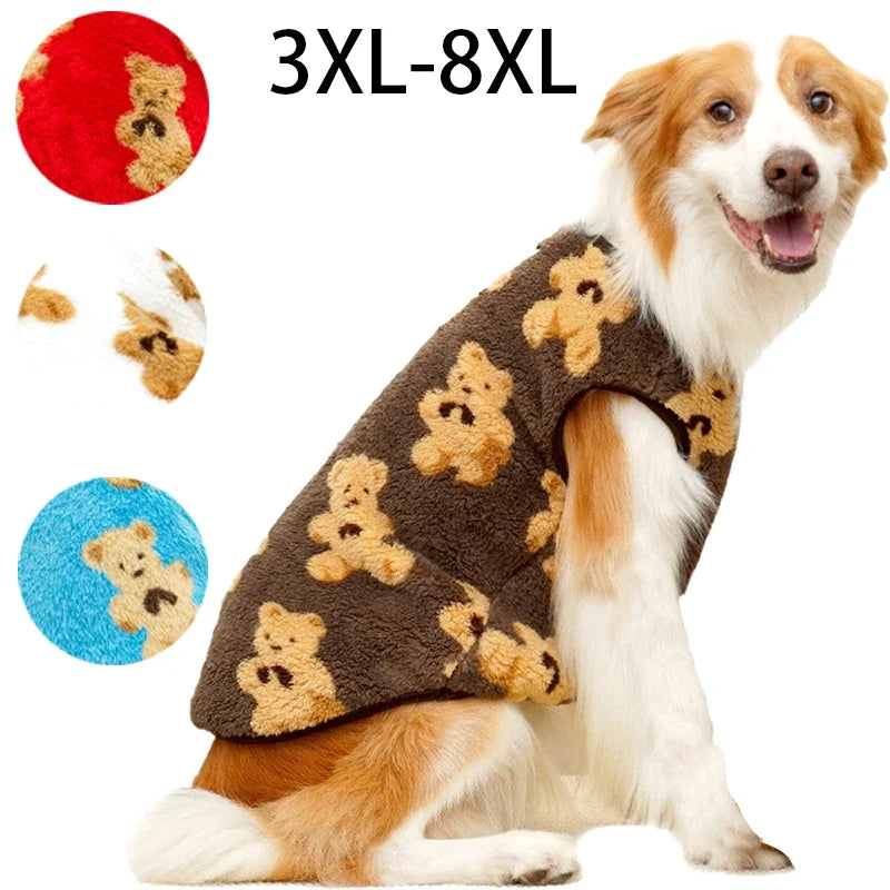 Dog wearing a brown teddy bear patterned coat with size chart above