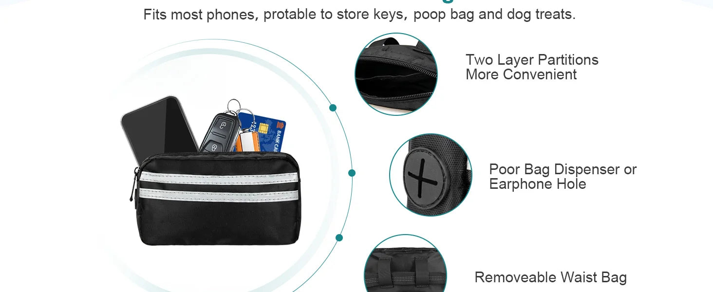 Black pouch with features highlighted on a white background