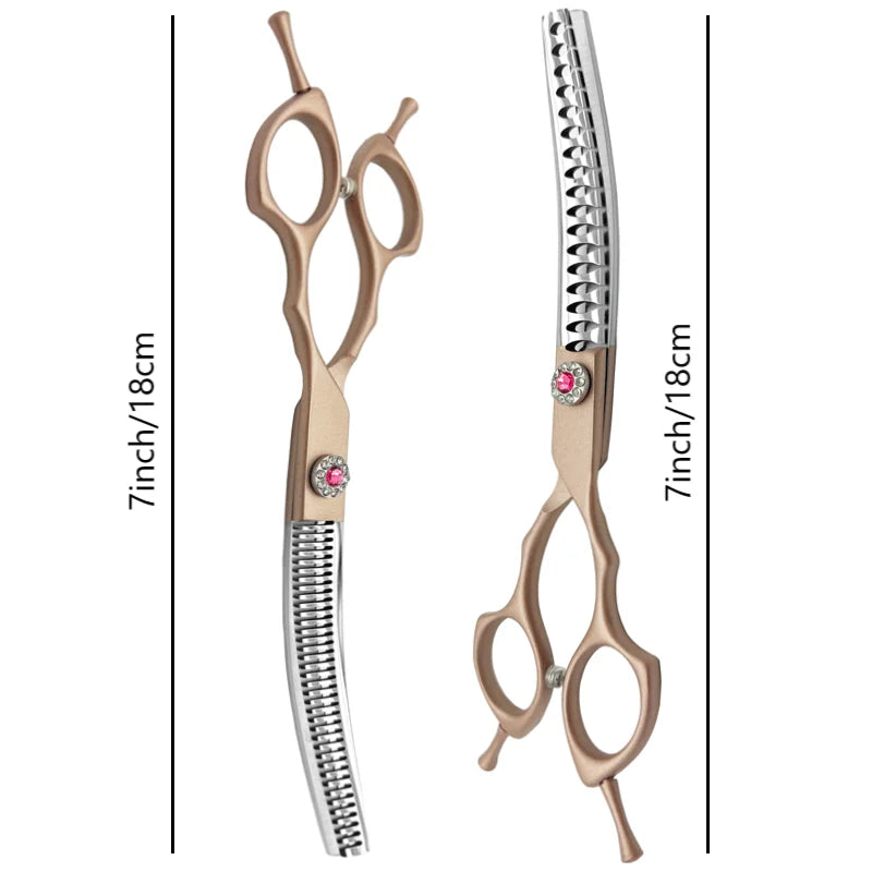 Pair of rose gold hair cutting shears with measurements on a white background