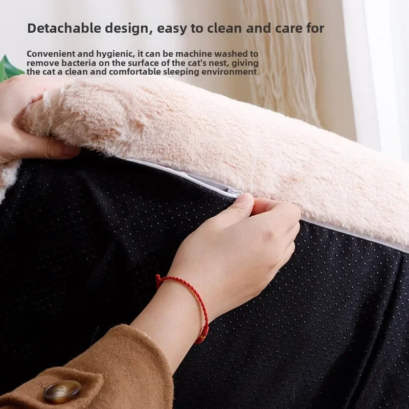 Person removing a fluffy beige cover from a black pet bed, with text about the product's features.