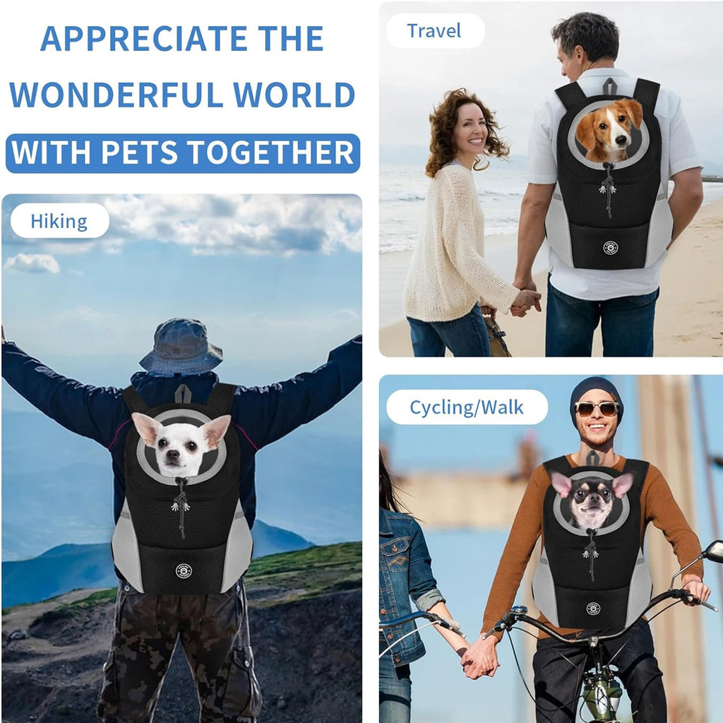 Collage of people wearing backpacks with pet portraits, enjoying outdoor activities.